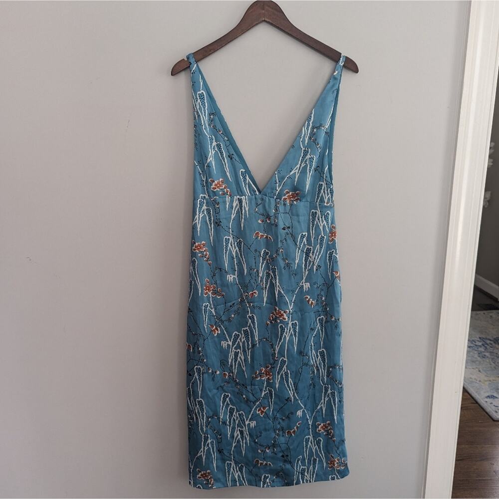 NEW Zara Asian Inspired Blue Floral Midi Dress Deep Vneck Front Back Small